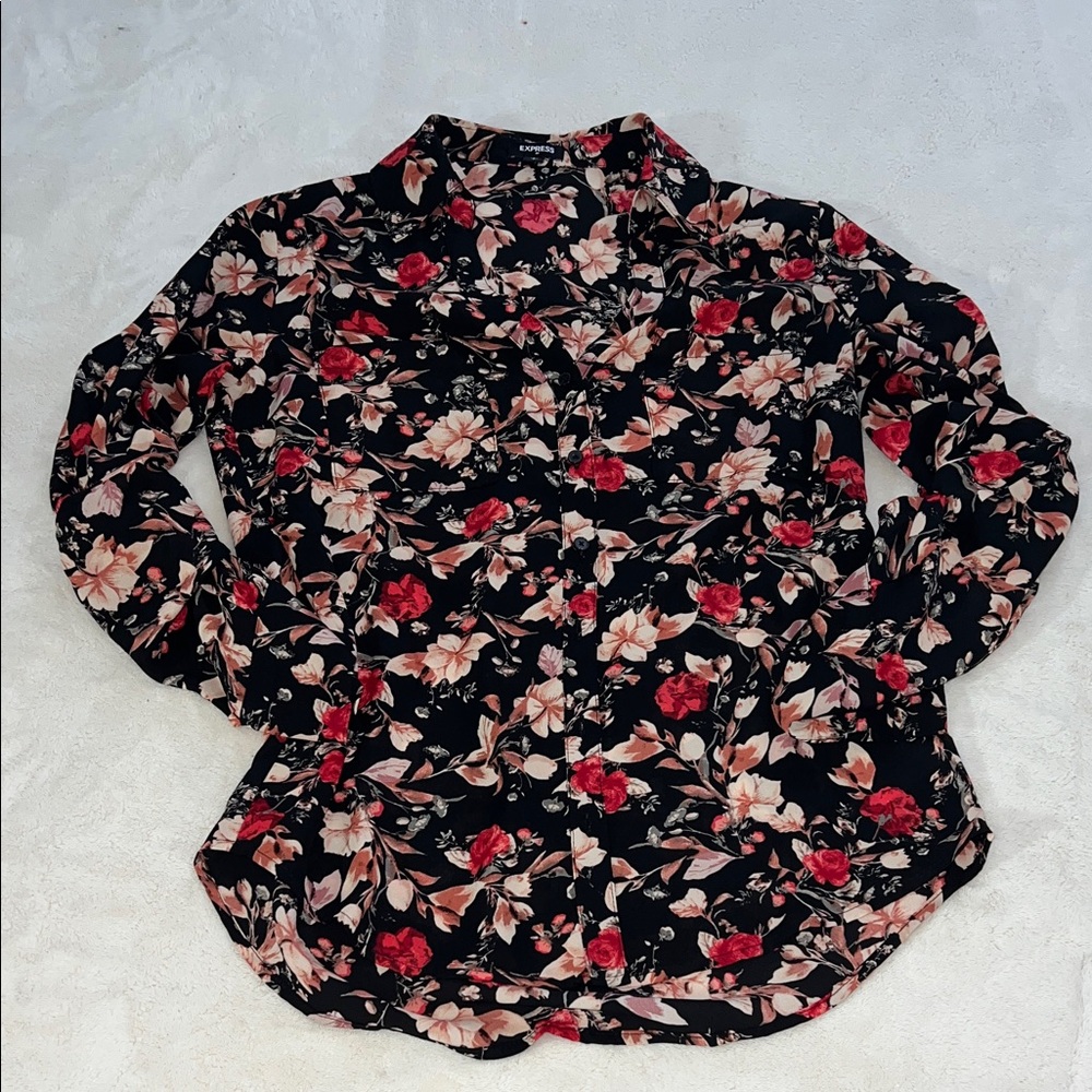 Express Black and Pink Floral Button Down Shirt